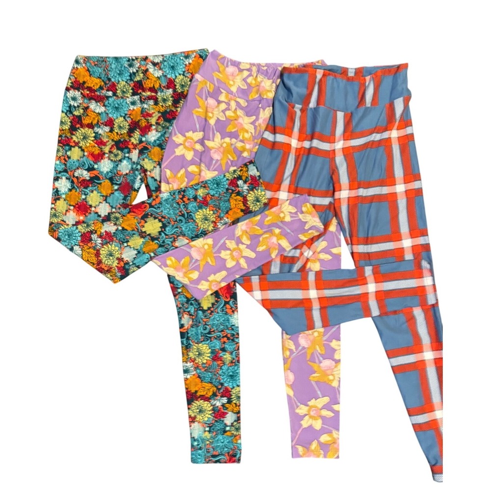 LulaRoe Leggings Bundle Set of 3 Plaid Floral Botanical Multi Color OS